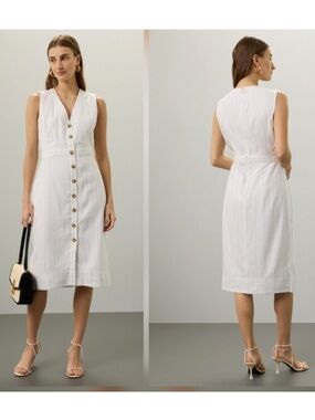 Club Monaco NWT button front dress white blue stripe linen coastal summer size 4